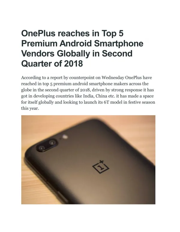 OnePlus reaches in Top 5 Premium Android Smartphone Vendors Globally in Second Quarter of 2018