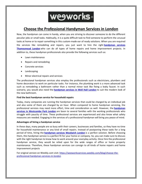 Choose the Professional Handyman Services in London