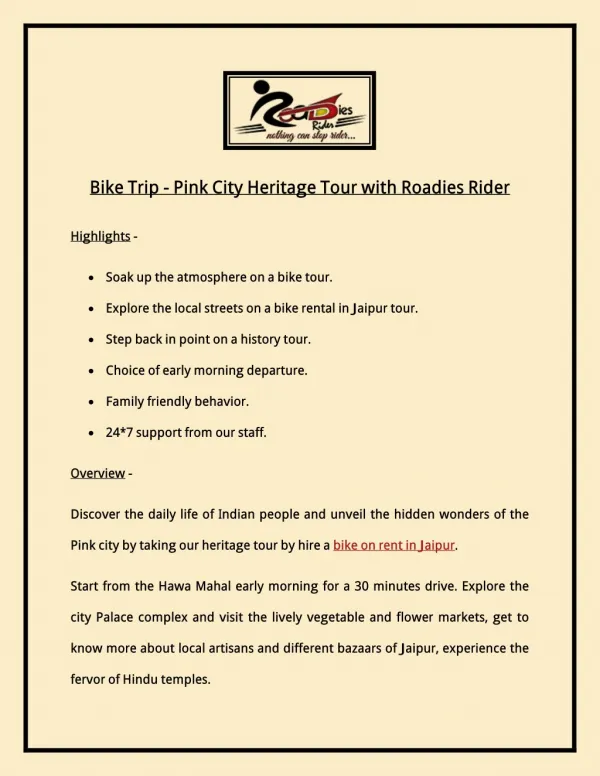 Bike Trip - Pink City Heritage Tour with Roadies Rider