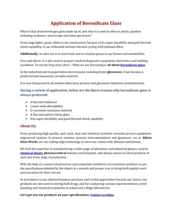 Application of Borosilicate Glass