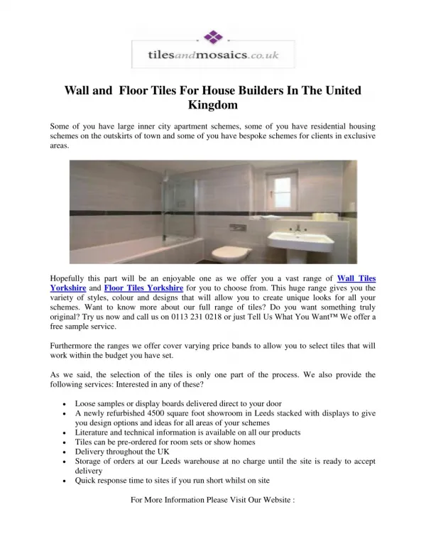 Wall and Floor Tiles For House Builders In The United Kingdom