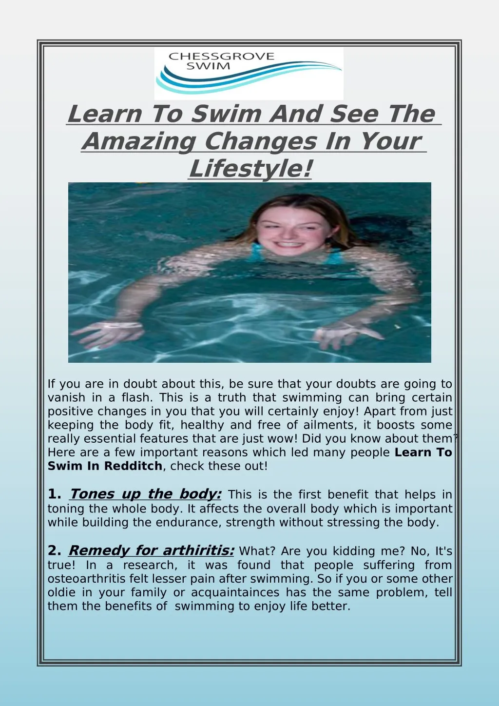learn to swim and see the amazing changes in your