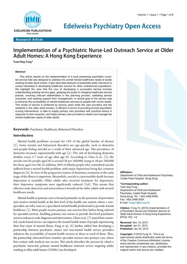 Implementation of a Psychiatric Nurse-Led Outreach Service at Older Adult Homes: A Hong Kong Experience