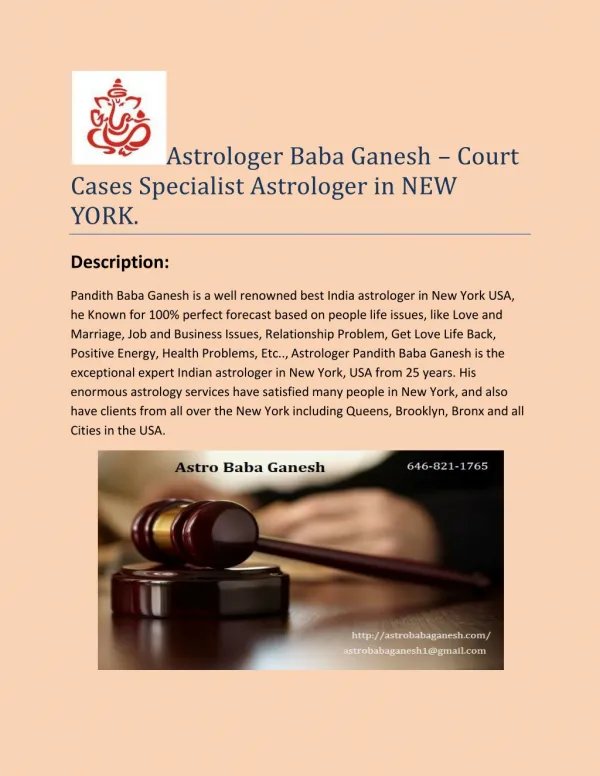 Astrologer Baba Ganesh – Court Cases Specialist Astrologer in NEW YORK.
