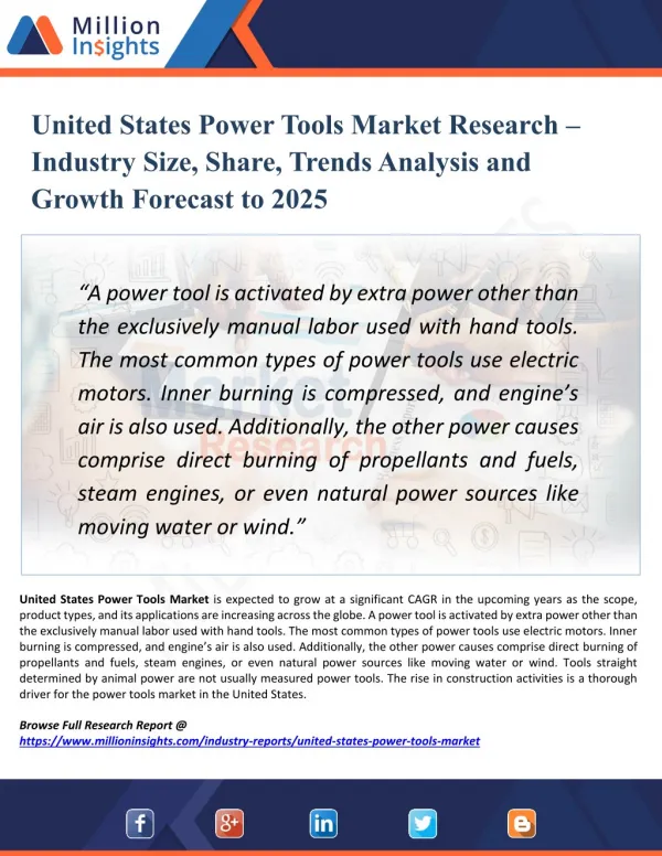 United States Power Tools Market Growth Challenges, Key Vendors, Drivers, Technical Analysis and Trends by Forecast to