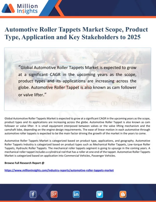 Automotive Roller Tappets Market Scope, Product Type, Application and Key Stakeholders to 2025