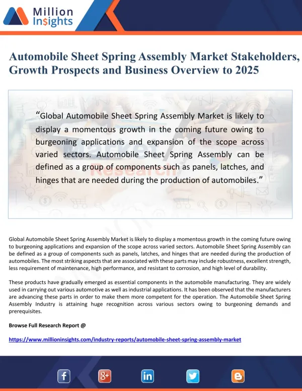 Automobile Sheet Spring Assembly Market Stakeholders, Growth Prospects and Business Overview to 2025