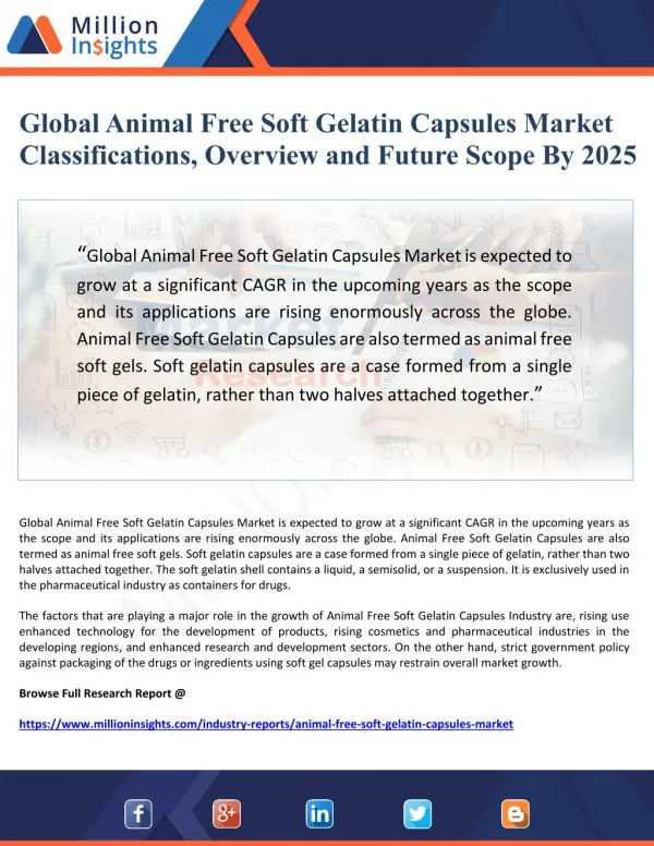 Global Animal Free Soft Gelatin Capsules Market Classifications, Overview and Future Scope By 2025