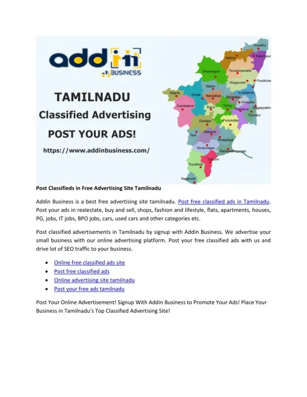Post Classifieds in Free Advertising Site Tamilnadu
