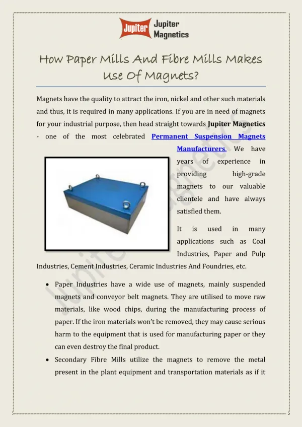 How Paper Mills And Fibre Mills Makes Use Of Magnets?