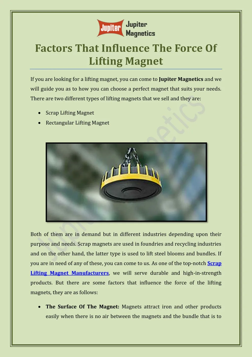 factors that influence the force of lifting magnet