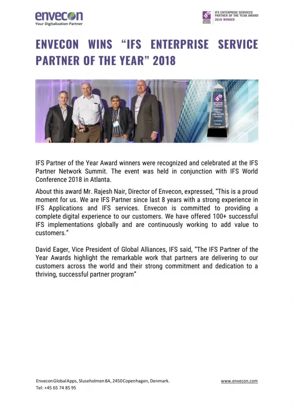 Envecon - IFS Enterprise Service Partner Of The Year