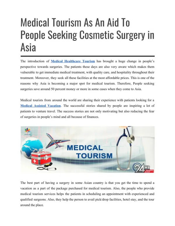 Medical Tourism As An Aid To People Seeking Cosmetic Surgery in Asia