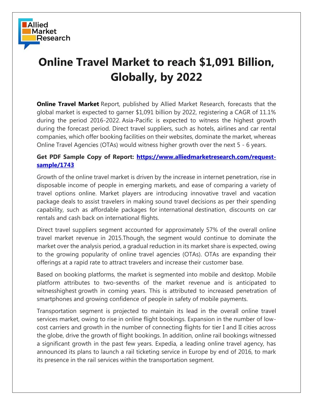 online travel market to reach 1 091 billion