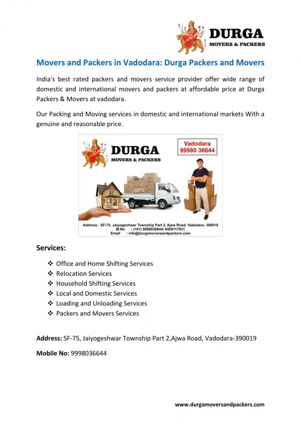 Movers and Packers in Vadodara: Durga Packers and Movers