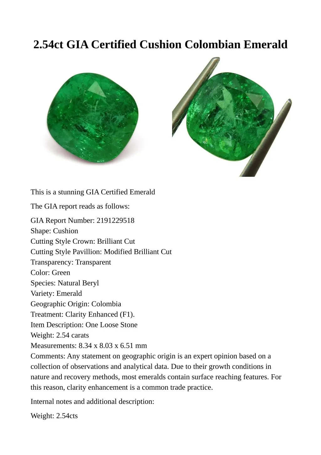 2 54ct gia certified cushion colombian emerald