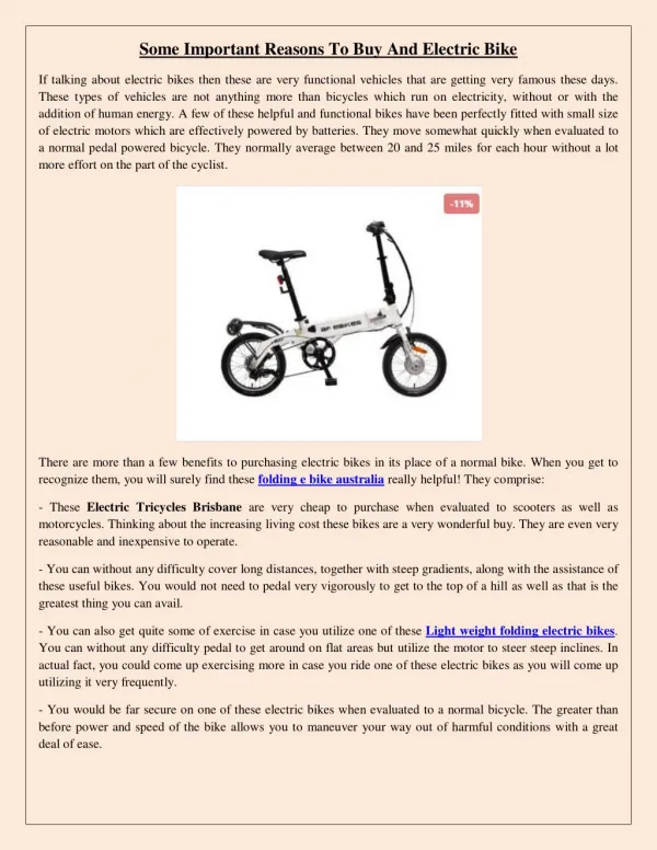 Some Important Reasons To Buy And Electric Bike
