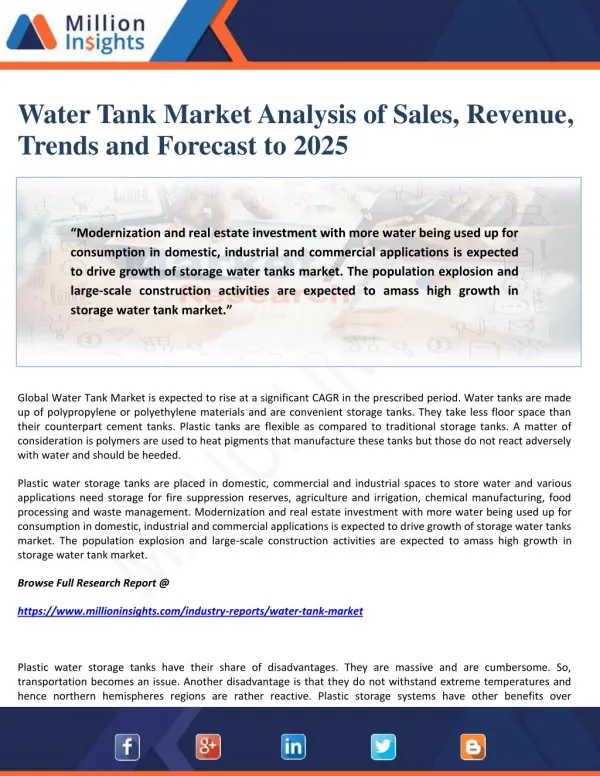 Water Tank Market Analysis of Sales, Revenue, Trends and Forecast to 2025