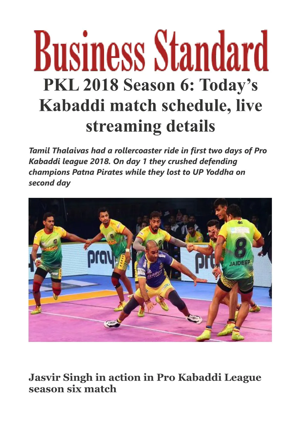 pkl 2018 season 6 today s kabaddi match schedule