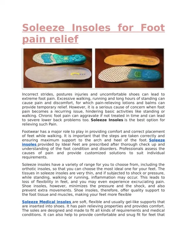 Soleeze Insoles for Foot pain relief