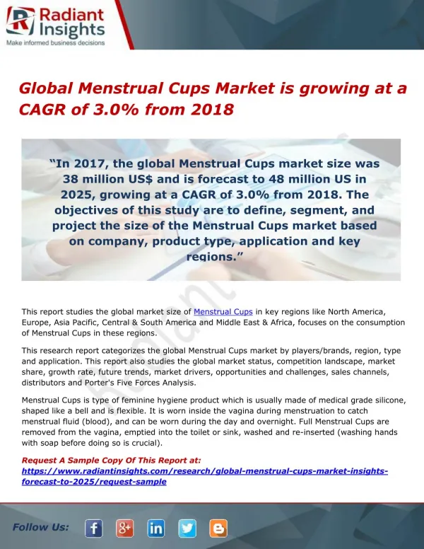Global Menstrual Cups Market is growing at a CAGR of 3.0% from 2018