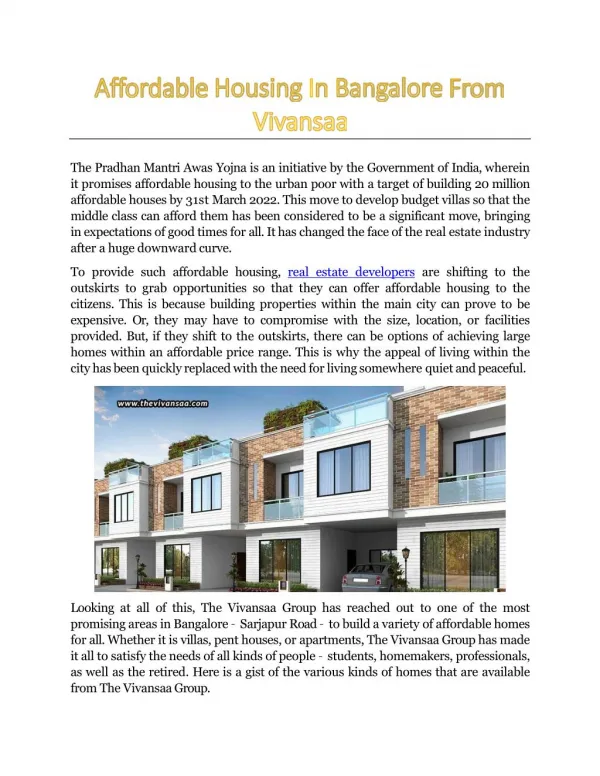 Affordable Housing In Bangalore From The Vivansaa