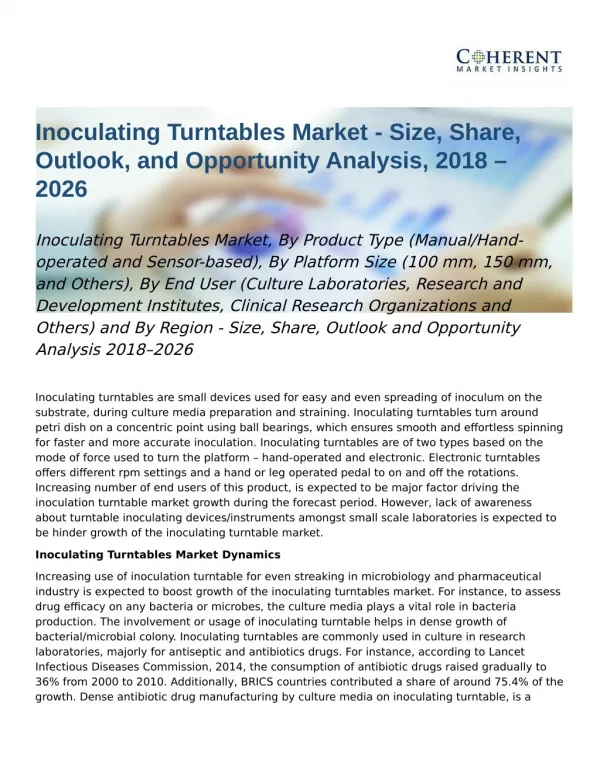 Inoculating Turntables Market Outlook and Opportunity Analysis 2018–2026