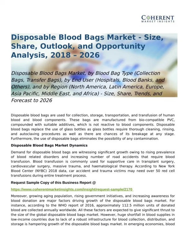Disposable Blood Bags Market Trends, and Forecast to 2026