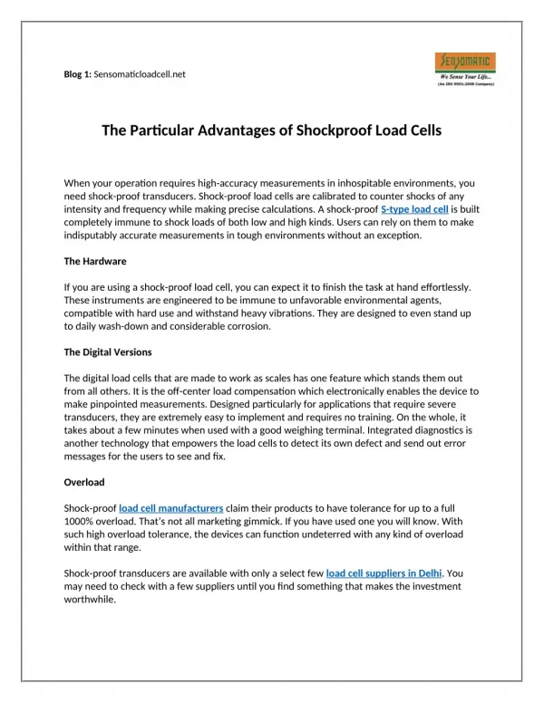 The Particular Advantages of Shockproof Load Cells