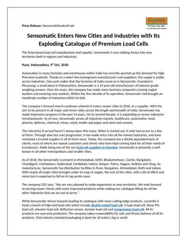 Sensomatic Enters New Cities and Industries with Its Exploding Catalogue of Premium Load Cells