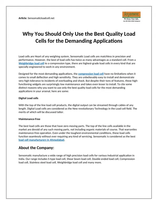 Why You Should Only Use the Best Quality Load Cells for the Demanding Applications