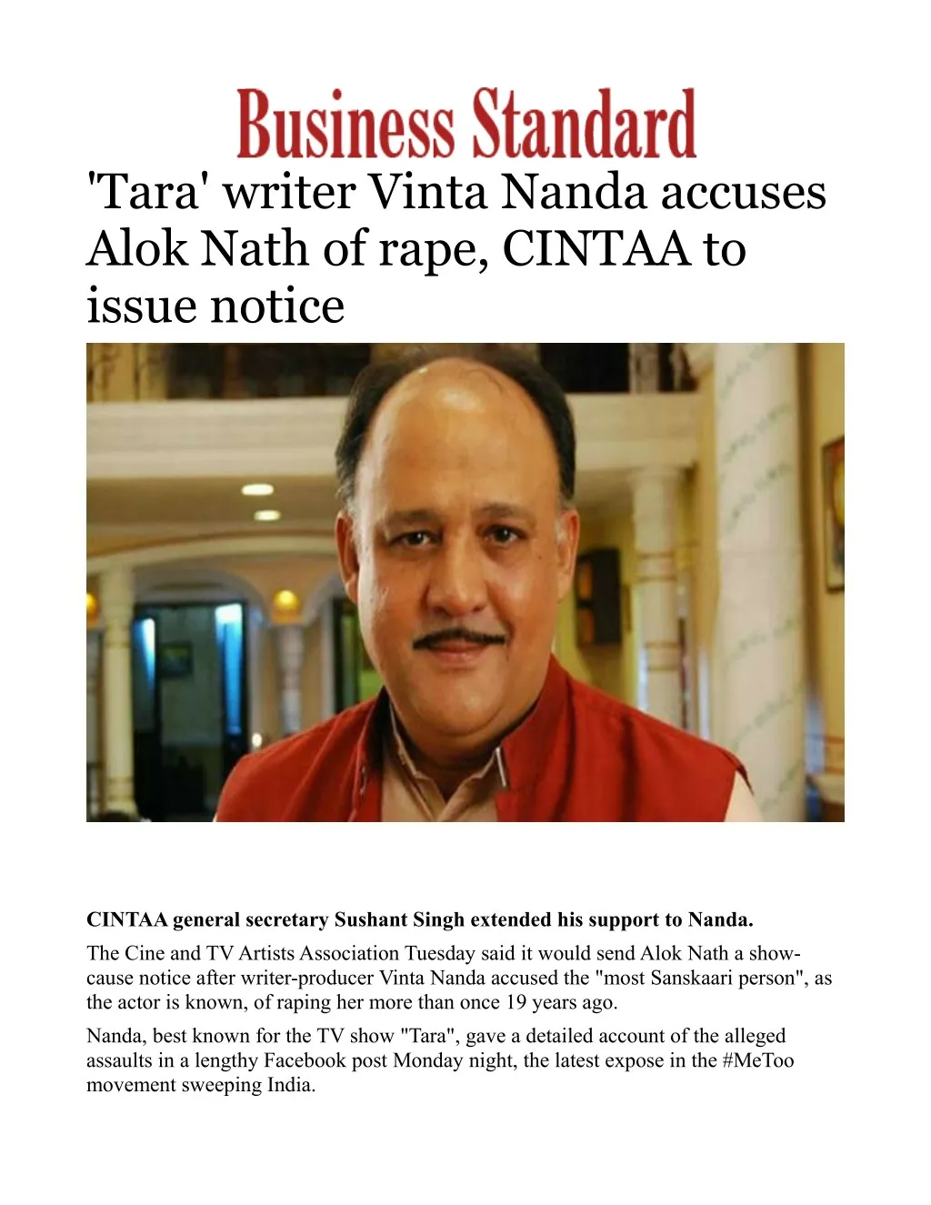 tara writer vinta nanda accuses alok nath of rape