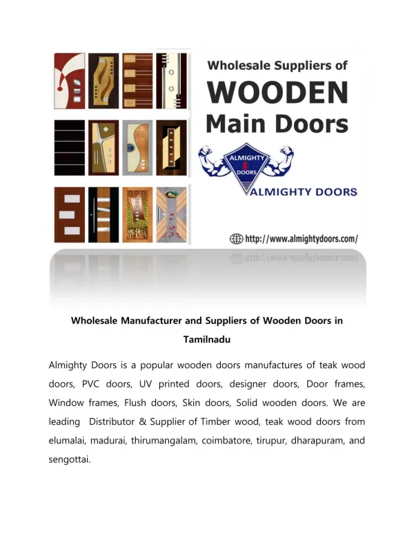 Wholesale Manufacturer and Suppliers of Wooden Doors in Tamilnadu