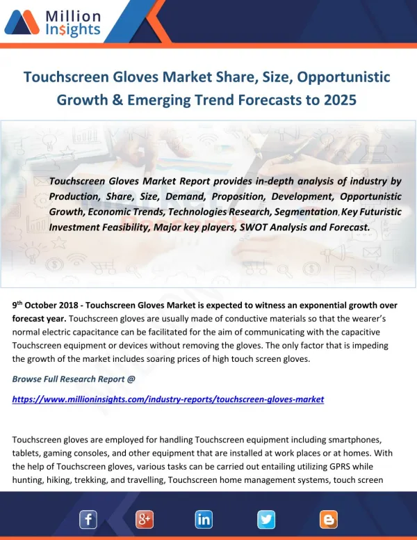 Touchscreen Gloves Market Share, Size, Opportunistic Growth & Emerging Trend Forecasts to 2025