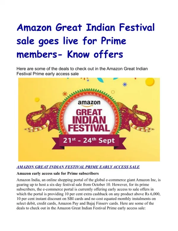 Amazon Great Indian Festival sale goes live for Prime members: Know offers