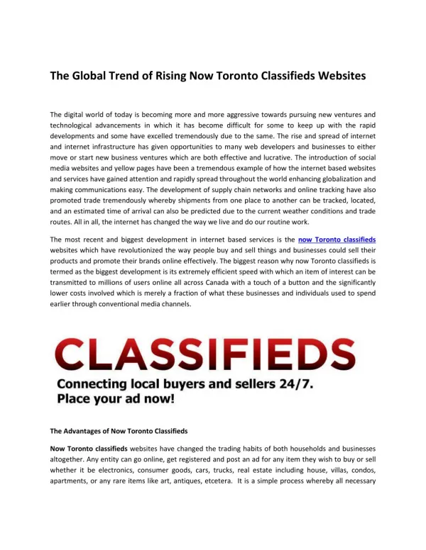 The Global Trend of Rising Now Toronto Classifieds Websites
