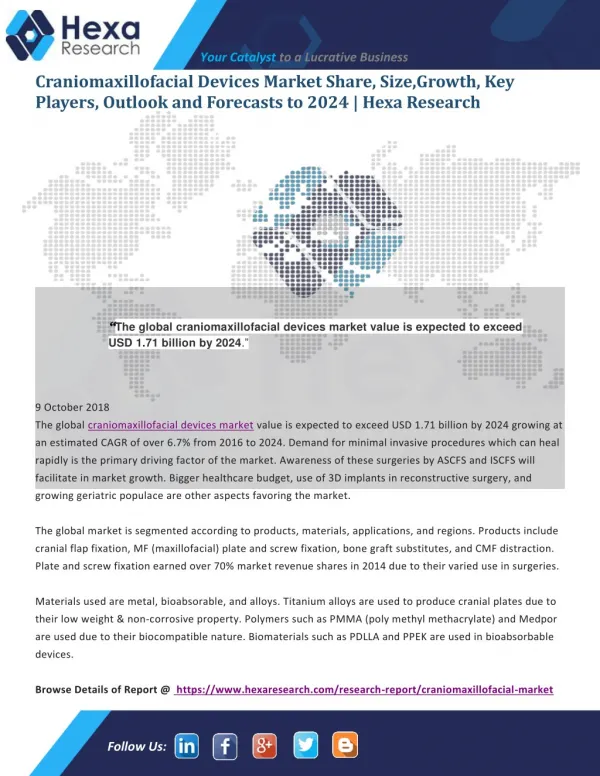 Craniomaxillofacial Devices Market 2016 To 2024 Industry, Size, Share, Growth Prospects, Key Opportunities, Trends and F