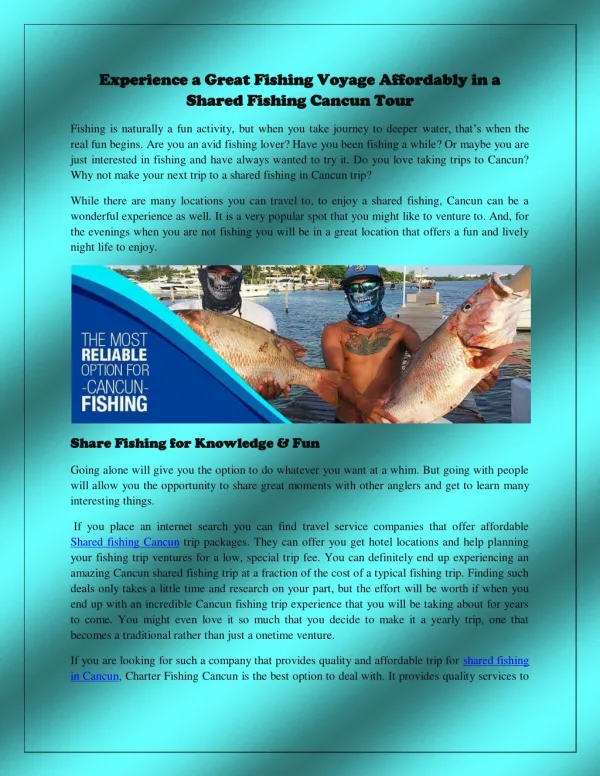 Experience a Great Fishing Voyage Affordably in a Shared Fishing Cancun Tour