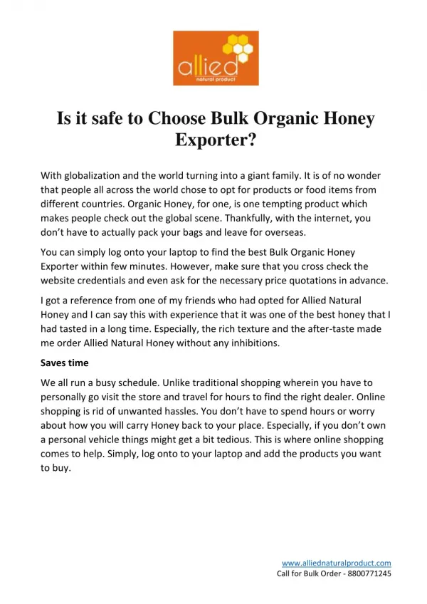 Is it safe to Choose Bulk Organic Honey Exporter?