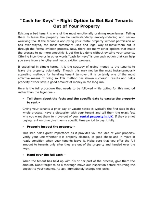 “Cash for Keys” - Right Option to Get Bad Tenants Out of Your Property