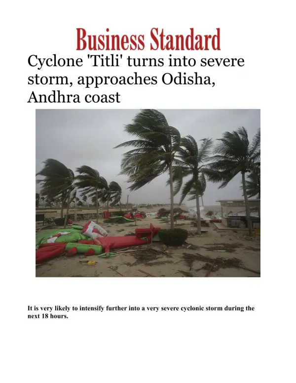 Cyclone 'Titli' turns into severe storm, approaches Odisha, Andhra coast
