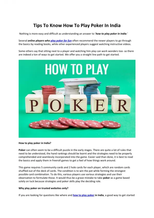 Tips To Know How To Play Poker In India