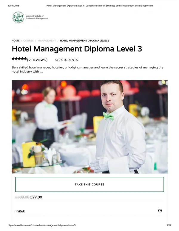 Hotel Management Diploma Level 3 - LIBM