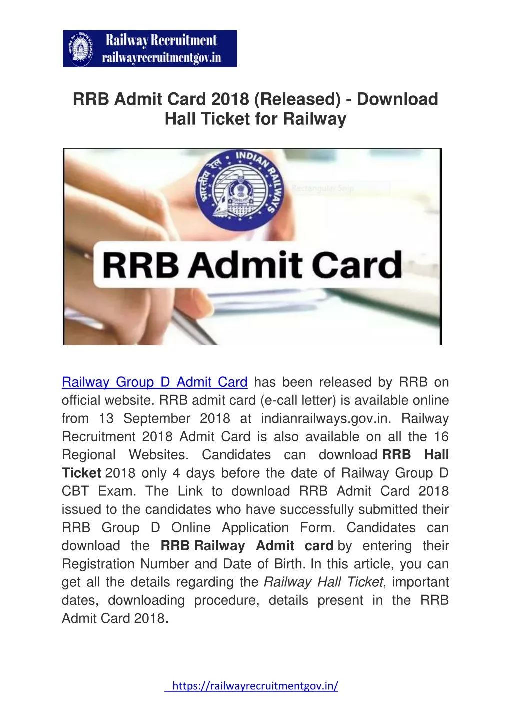 rrb admit card 2018 released download hall ticket