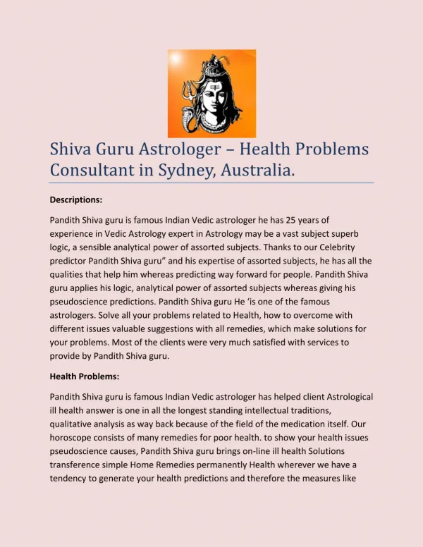 Shiva Guru Astrologer – Health Problems Consultant in Sydney, Australia.