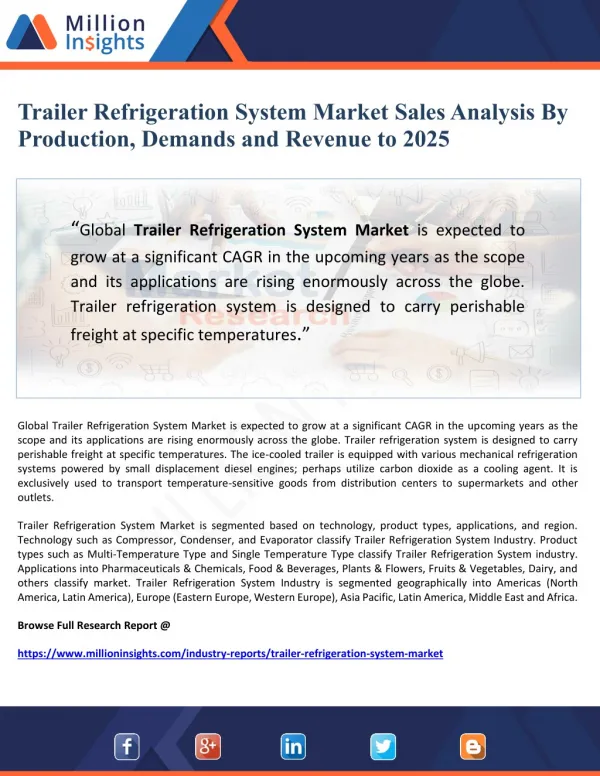 Trailer Refrigeration System Market Sales Analysis By Production, Demands and Revenue to 2025