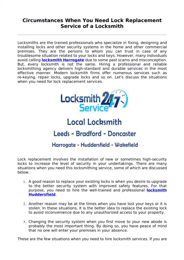 Circumstances When You Need Lock Replacement Service of a Locksmith