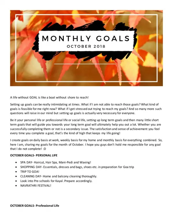Monthly Goals- October 2018