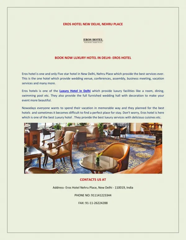 Book now luxury hotel in Delhi - Eros hotel