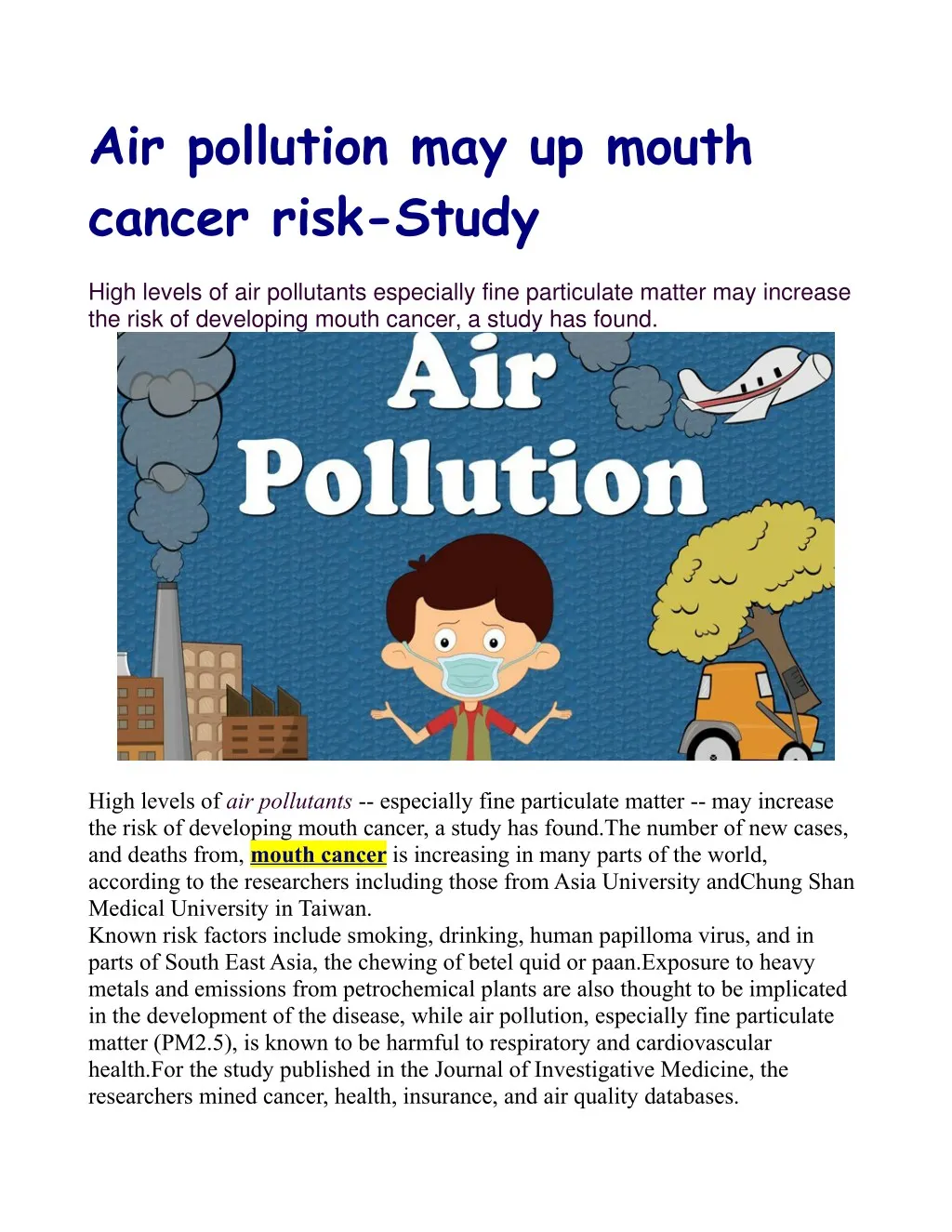 air pollution may up mouth cancer risk study